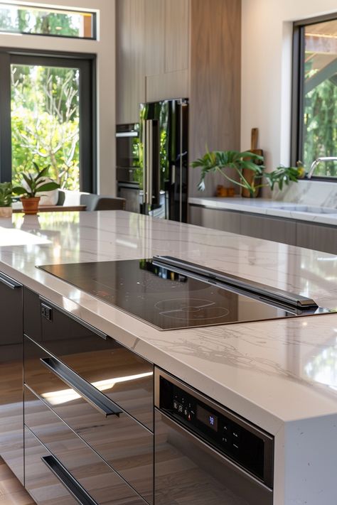 Transform Your Culinary Space: Modern Kitchen Island with Sleek Induction Cooktop & Hidden Features! Electric Stove In Island, Cooktop On Island, Cooktop In Island, Hidden Pantries, Downdraft Cooktop, Kitchen Island With Cooktop, Island With Stove, Contemporary Kitchen Island, Downdraft Extractor