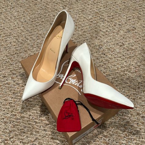 Never Worn, But Had The Heel Shortened About Half An Inch, Protective Film Adhered. White Louis Vuitton Heels, Lou Button Heels, White Loubitons Heels, Wedding Heels Red Bottoms, Wedding Shoes Red Bottoms, Christian Louboutin White Heels, Red Bottoms Wedding Shoes, Red Bottom Wedding Heels, White Christian Louboutin Heels