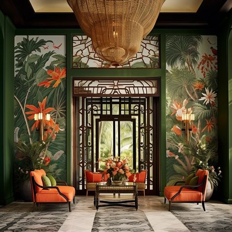 Jungle Style Interior, Caribbean Interior Design, Tropical Hotel, Maximalism Interior, Hotel Artwork, Speakeasy Decor, Diy Moss, Atrium Design, Tropical Interior Design