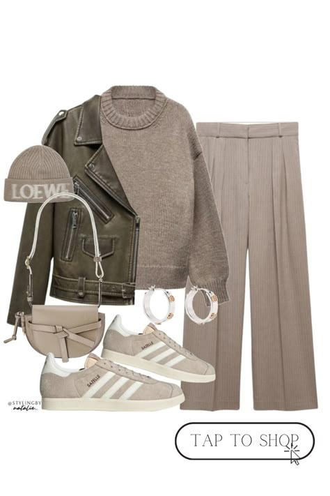 Oversized worn effect biker jacket, knit jumper, chalk pinstripe wide leg trousers, beige adidas gazelle trainers, Loewe beanie hat, Loewe bag. Fall winter outfit, everyday outfit. Tan Gazelle Adidas Outfit, Beige Gazelle Adidas Outfit, Loewe Beanie, Autumnal Style, Adidas Gazelle Outfit, Beige Outfits, Nude Outfit, Knitwear Jumper, Fashion 23