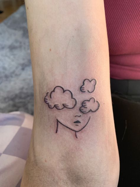 Pink Cloud Tattoo, Head In The Clouds Drawing, Daydream Tattoo, Head In The Clouds Tattoo, Clouds Tattoo, Self Love Tattoo, Cloud Tattoo, Head In The Clouds, Cloud Drawing