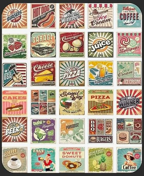 Cool Stickers Printable, Vintage Poster Design, Scrapbook Stickers Printable, Food Stickers, Bullet Journal Stickers, Retro Comic, Food Labels, Vintage Printables, Vintage Labels