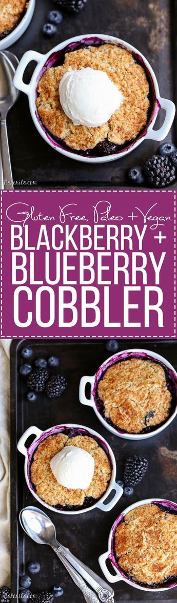 This Blackberry + Blueberry Cobbler is healthy enough for breakfast, but sweet + delicious enough to be dessert! These gluten-free, Paleo, and vegan cobblers have a crisp and gooey topping. Blackberry Cobbler With Pie Crust, Blueberry Cobbler Gluten Free, Cobbler With Pie Crust, Gluten Free Blueberry Cobbler, Vegan Cobbler, Blackberry Dessert, Easiest Dessert, Blackberry Cobbler, Brownie Desserts