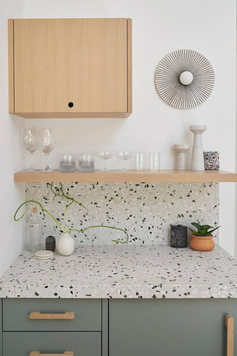 Sunken Dining Room, Kitchen Terrazzo, Terrazzo Counter, Terrazzo Kitchen, Modern Remodel, Double Sided Fireplace, Green Kitchen, Custom Kitchen, Kitchen Style