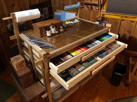 The Studio Artist Taboret, Artroom Organizing, Artist Desk Workspaces, Watercolor Storage, Sunroom Art Studio, Dream Art Studio, Art Studio Ideas, Art Studio Storage, Painters Studio