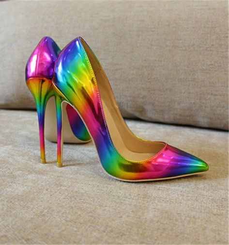 Shoe Hacks, Rainbow Heels, Rainbow Holographic, Rainbow Shoes, Stylish Footwear, Shoes Heels Classy, Classy Shoes, Spike Heels, Kinds Of Shoes