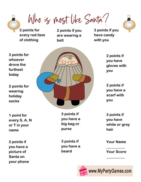 Who is most like Santa? Free Printable Christmas Game Christmas Paper Games, Who Is Most Like Santa Game, Christmas Outburst Game Free, Who Am I Christmas Game Printable, Santa Says Game, What Is Santa Thinking Game, Poke A Tree Christmas Game, Christmas Scattergories Free Printable, Christmas Games Paper Free Printable