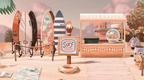 Acnh Island Decor Ideas, Acnh Beach Farmers Market, Acnh Beach Front Ideas, Acnh Sushi Bar Beach, Acnh Island Designs Shops, Beach Deck Acnh, Kapp'n Animal Crossing Pier, Ac Beach Ideas, Animal Crossing Surf Shop Ideas