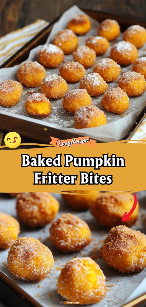 Enjoy these bite-sized pumpkin fritters, oven-baked to perfection. They're the ideal blend of sweet and spice, perfect for autumn snacking. #PumpkinFritters #AutumnTreats #HealthySnacking Baked Pumpkin Fritters, Pumpkin Bites Easy, Baked Pumpkin Fritter Bites, Bite Size Pumpkin Desserts, Pumpkin Fritters Recipe, Pumpkin Spice Bites, Pumpkin Snacks, Pumpkin Bites, Pumpkin Fritters