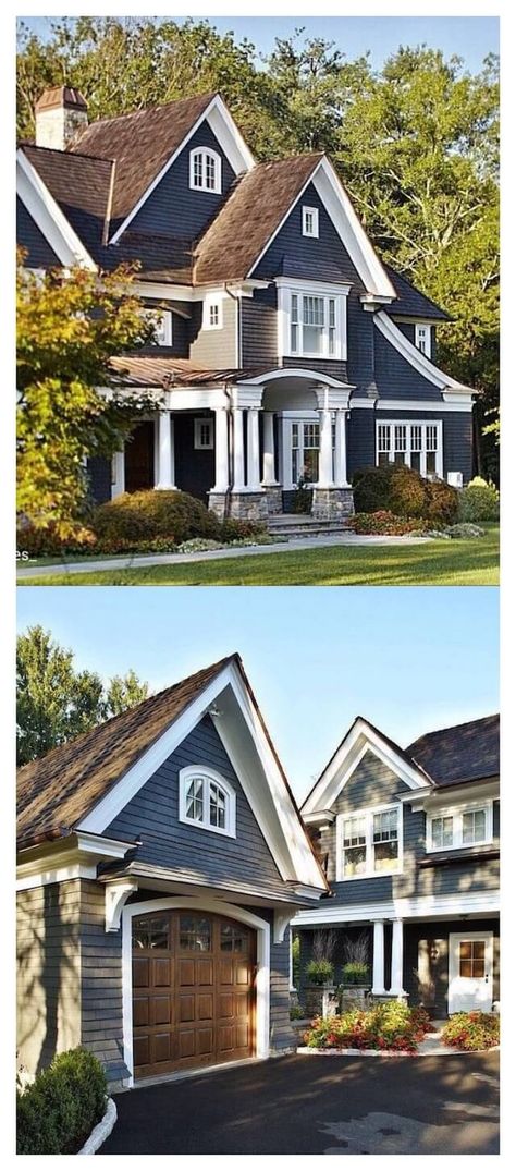 10 Perfect House Colors for Brown Roofs: Unlock the Secret to a Stunning Exterior Makeover! - Stylendesigns Shingle House Exterior Color Schemes, Home Exterior Colors Brown Roof, Siding Colors For Brown Roof, Dark Blue House With Brown Roof, House Colors Exterior Brown Roof, House Exterior Colors Schemes Brown Roof, Hickory Roof House Colors, Light Brown Roof House Colors, Deep Blue Exterior House Colors