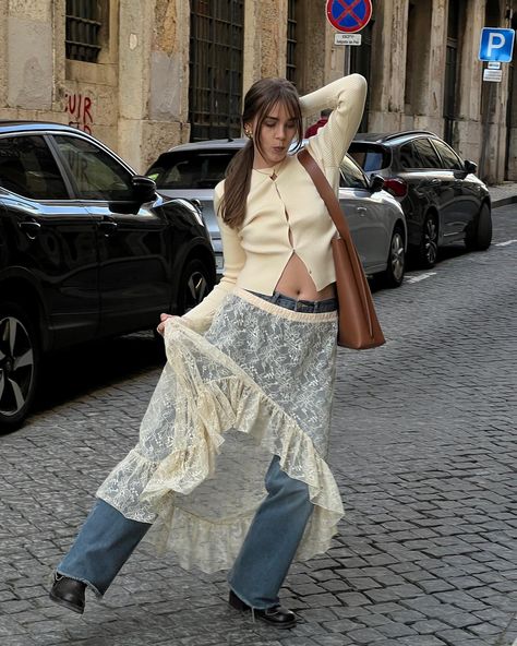 dancing on Lisbon’s streets 💃🏼 - outfit ideas, skirt over the pants, spring outfit ideas, Pinterest aesthetic, dark aesthetic Lace Pants Outfit, Outfit Ideas Skirt, Skirt Over Pants, Spring Outfit Ideas, Yellow Skirt, Quirky Fashion, Pinterest Aesthetic, Brown Bag, Aesthetic Dark