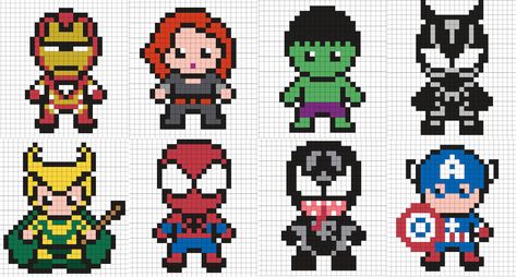 Marvel Beads Pattern, Marvel Perler Beads, Marvel Pattern, Avengers Pixel Art, Loki Perler Beads Pattern, Batman Perler Bead Patterns, Perler Bead Marvel Pattern, Pixel Art Pattern Marvel, Perler Bead Patterns Scooby Doo