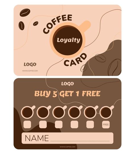 Vector loyalty card template. Vip card for coffee shop customers. Every 6 cups of coffee for free. Card in brown tones with an illustration of a cup and a coffee bean. Loyalty Card Coffee, Coffee Shop Business Card, Cup Illustration, Loyalty Card Template, Coffee Shop Logo, Vip Card, Cups Of Coffee, Business Card Psd, Coffee Cards