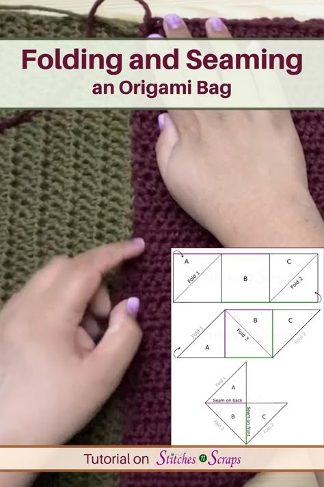 Turn a plain rectangle into an origami bag with a few simple folds and seams! This tutorial is designed to go along with my Felted Origami Bag pattern, but the same techniques can be used with any knit or crochet rectangle. #Crochet #BagAlongCAL #CrochetAlong #seaming #folding #Origami #Tutorial #StitchesnScraps Crochet Bag From Rectangle, Origami Crochet Bag, Crochet Potli Bag, Surface Crochet, Crochet Rectangle, Origami Bag, Coaster Pattern, Crochet Friends, Folding Origami