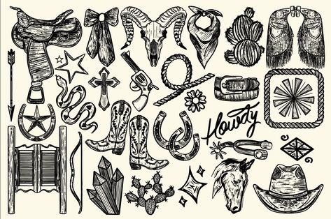 Western Cowgirl Essentials Graphics by cmfgraphics on @creativemarket Western Dice Tattoo, Emo Cowgirl Tattoo, Western Flash Art, Girly Barbed Wire Tattoo, Dark Western Tattoo, Western Neck Tattoo, Pharmacy Doodles, Western Gothic Tattoo, Rodeo Tattoos For Women