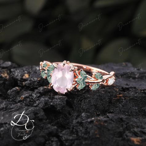 Vintage Oval Cut Rose Quartz Engagement Ring Nature Inspired Cluster Promise Ring Rose Gold Art Deco Leaf Pink Gemstone Branch Bridal Ring --->Ring details: - Theme:Romantic Wedding & Engagement - comfortable band - Center Stone :Rose Quartz - Carat: 6*8mm - Side stone : moss agate +  moissanite - Side stone:0.48ctw - wedding band :Lab opal + moss agate  - 0.12ctw  Materials: - 14k rose gold/14k white gold /14k yellow gold --->Accessories: - beautiful jewelry boxes, and some of little gifts. --- Rose Quartz Engagement Ring, Pink Stone Engagement Rings, Rose Quartz Wedding, Pink Tourmaline Engagement Ring, Engagement Ring Nature, Rose Quartz Ring Engagement, Cute Promise Rings, Pink Engagement, Floral Wedding Ring