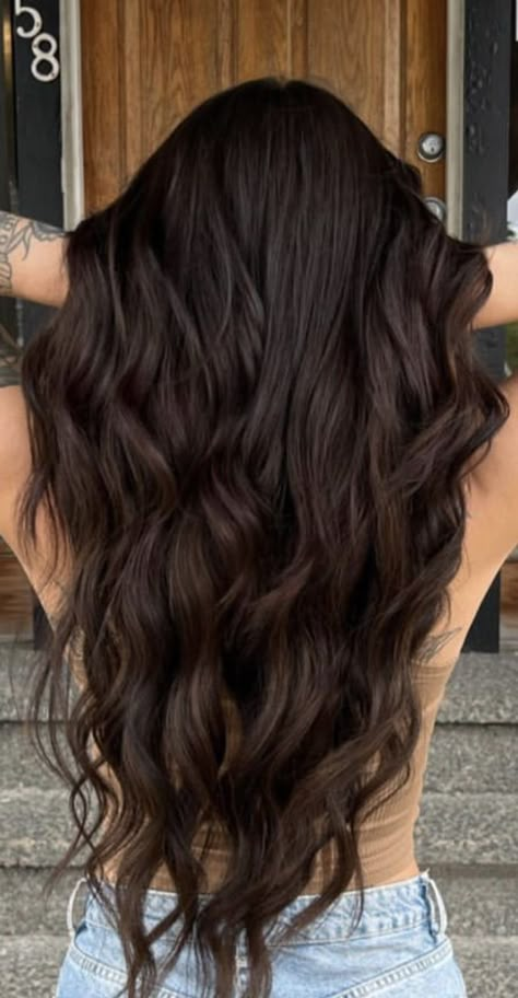 Chocolate Highlights On Dark Hair Straight, Mocha Spice Brunette, Dark Brown Reverse Balayage, Long Chocolate Hair, Cool Dark Hair Color, Warm Dark Chocolate Brown Hair, Darker Hair Ideas, Brunette Hair No Highlights, Brownie Batter Brunette Hair