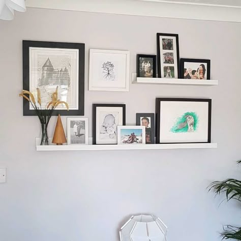 Ikea Picture Ledge 3 Picture Ledge Ideas, Gallery Wall With Photo Ledge, Ikea Picture Ledge Ideas Living Rooms, Picture Shelf Display, Photo Ledge Decor, Offset Picture Ledges, Ikea Photo Shelf, Ikea Picture Shelf Ideas, Picture Ledge Ideas Hallway