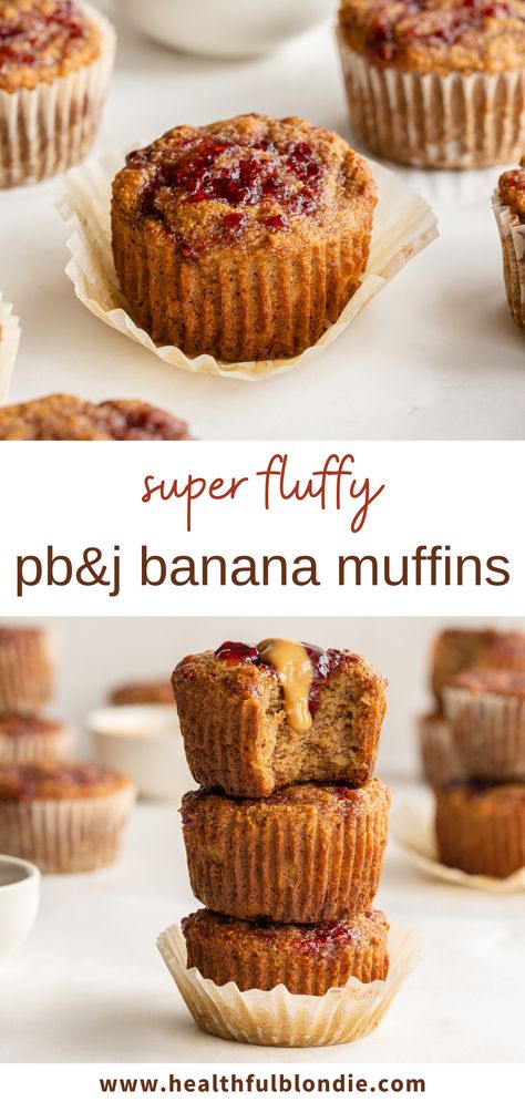 super fluffy peanut butter and jelly (pb&j) banana muffins (healthy) Pb And J Muffins, Peanut Butter And Jam Muffins, Pb&j Muffins, Peanut Butter Jelly Muffins, Pb And J Recipes, Healthy Peanut Butter Muffins, Gluten Free On The Go, Gluten Free Peanut Butter Banana Muffins, Pb Muffins