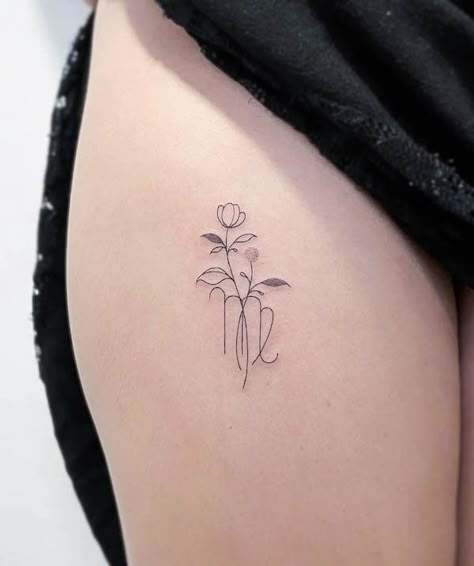 Dainty Virgo thigh tattoo by @brittany_tattoos Virgo Sign Tattoo, Tattoo Virgo, Virgo Flower, Wheat Tattoo, Virgo Tattoo Designs, Flower Bouquet Tattoo, Virgo Tattoo, Bouquet Tattoo, Goddess Tattoo