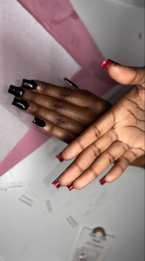 Short Black Nails With Red Bottoms, Red Bottom Short Nails, Black Red Bottom Acrylic Nails, Black Nail Red Bottoms, Black Nails Red Underneath, Black Bottom Nails, Short Matte Black Nails, Short Red Bottom Nails, Red Bottom Nails Acrylic