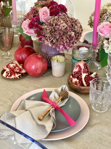 Rosh Hashanah Table Ideas   #shanatova  pomegranates and honey dippers Roshashana Table Decor, Rosh Hashanah Table Setting Ideas, Rosh Hashanah Table Setting, Rosh Hashanah Table Decorations, Rosh Hashana Tablescape, Rosh Hashana Table Setting, Rosh Hashana Decorations, Rosh Hashanah Dinner, Rosh Hashanah Traditions