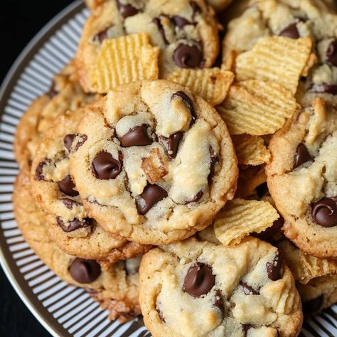 Potato Chip Cookies Recipe - Insanely Good Potato Chocolate Chip Cookies, Chocolate Potato Chip Cookies, Potato Chip Cookies From 1976, Cookies With Mini Chocolate Chips, Chocolate Potato Chips, Potato Chip Cookies, Toffee Bits, Gourmet Treats, Potato Chip