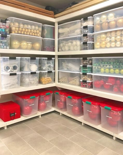 Basement Holiday Storage, Holiday Storage Closet, Holiday Storage Room, Stock Room Organization, Storage Room Ideas Shelves, Attic Organization Storage, Storage Room Organization Basement, Store Room Organization, Basement Organization Ideas Unfinished