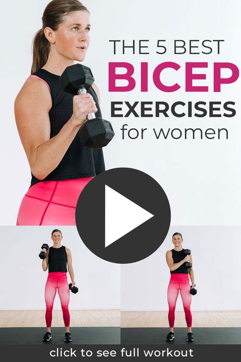 The BEST bicep exercises you can do at home to build bigger and stronger biceps! Standing dumbbell curls, hammer curls, crossbody concentration curls -- the 5 best bicep exercises with dumbbells in a 20-minute biceps workout at home. A complete bicep burnout to build strong, defined biceps. Bicep Exercises For Women, Excercise Arms, Best Bicep Exercises, Bicep Workout Women, Tricep Workout Women, Dumbbell Bicep Workout, Biceps Workout At Home, Best Bicep Workout, Exercises With Dumbbells