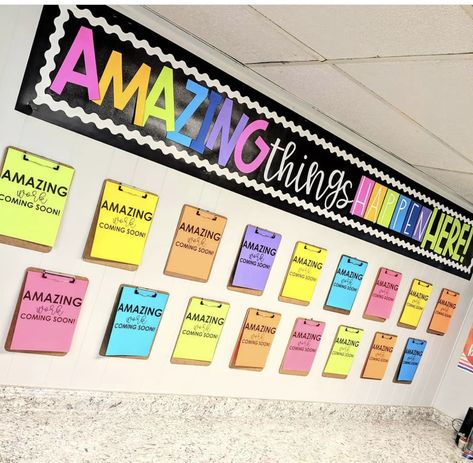 3rd Grade Hallway Display, Above Board Decor Classroom, Classroom Standards Display, Third Grade Bulletin Board Ideas, Calendar Bulletin Board Ideas, Amazing Things Happen Here Bulletin, 4th Grade Classroom Setup, Teacher Classroom Decorations, Toddler Class