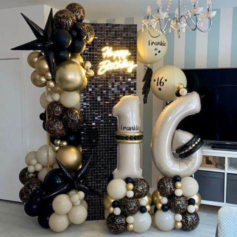 Mini sequin wall with neon sign and balloons with matching number stacks and helium orbz balloons for Frankie’s 16th birthday 🤩 My customer opted for black and gold but asked for my advice to break it up a bit and make it a little different so I added in some nudes and some Nebula Black & Gold printed balloons and I think it turned out amazing!! #balloons #balloondecor #sequinwall #balloondisplay #balloonsetup #blissfulballoonz #bapiaparty #theeventcollectivex #pooleballoons #pooleballoons... New Year Balloon Decor, 16th Birthday Decoration Ideas, Wall With Neon Sign, 16th Birthday Balloons, 15 Th Birthday, 260 Balloons, Balloon Stack, 18th Ideas, Balloon Hacks