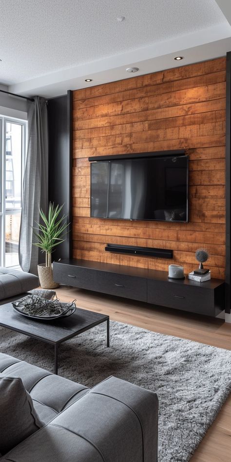 Best Wall Design For Living Room, Gray And Wood Living Room, Tv Wall Paint Ideas, Tv Wall Design Luxury Living Rooms, Tv Wall Paint, Wood Panel Living Room, Tv Unit Wallpaper, Chic Tv Wall, Empty Wall Ideas Living Room