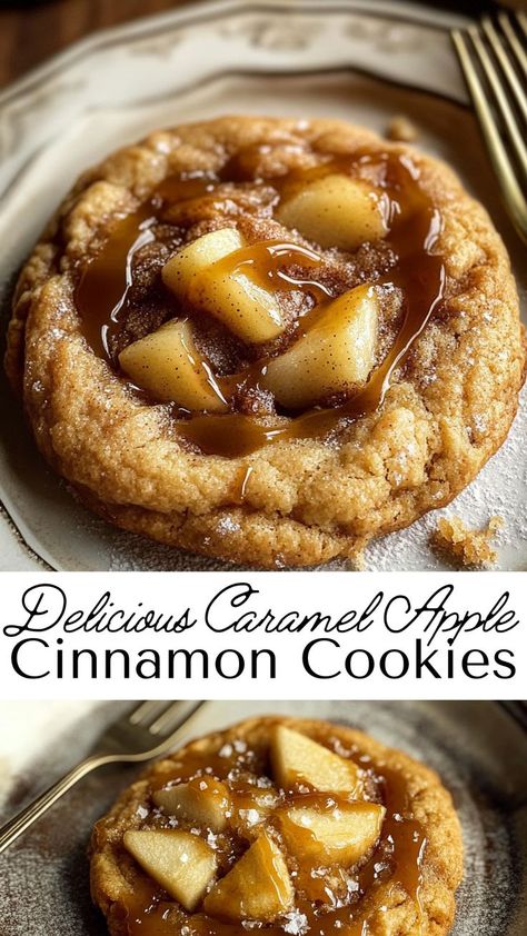 Warm, soft, and full of fall flavors, these Caramel Apple Cinnamon Cookies are a must-try! Perfectly spiced with caramel bits, they’re easy to make and great for sharing on crisp autumn days. Caramel Apple Spice Cookies, Cinnamon Apple Snickerdoodle Cookies, Gluten Free Caramel Apple Cookies, Caramel Apple Crumble Cookie, Salted Caramel Cookies Crumbl, Apple Christmas Cookies, Easy Caramel Cookies, Apple Pie Sugar Cookies, Apple Crumble Cookie Recipe