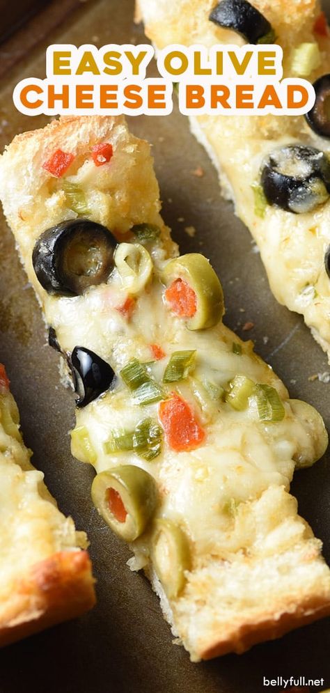 This Olive Cheese Bread recipe is an easy and delicious appetizer with salty olives, gooey cheese, and crunchy bread. Crazy good! Olive Cheese Bread Recipe, Olive Cheese Bread, Olives Recipes, Hors Devours, Crunchy Bread, Indulgent Recipes, Yummy Bread, Savory Cakes, Cheese Bread Recipe