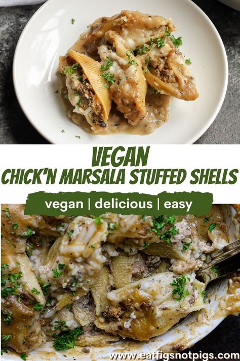 Jumbo shells are stuffed with homemade tofu ricotta, meaty cremini mushrooms & tender vegan chick’n, topped with savory marsala cream sauce and vegan mozzarella cheese, then baked until golden brown and bubbly. These Vegan Chick’n Marsala Stuffed Shells taste just like the classic – but even better, because noodles, duh. Marsala Cream Sauce, Unhealthy Recipes, Vegan Mozzarella Cheese, Vegan Stuffed Shells, Jumbo Shells, Tofu Ricotta, Homemade Tofu, Vegan Casserole, Baked Lasagna