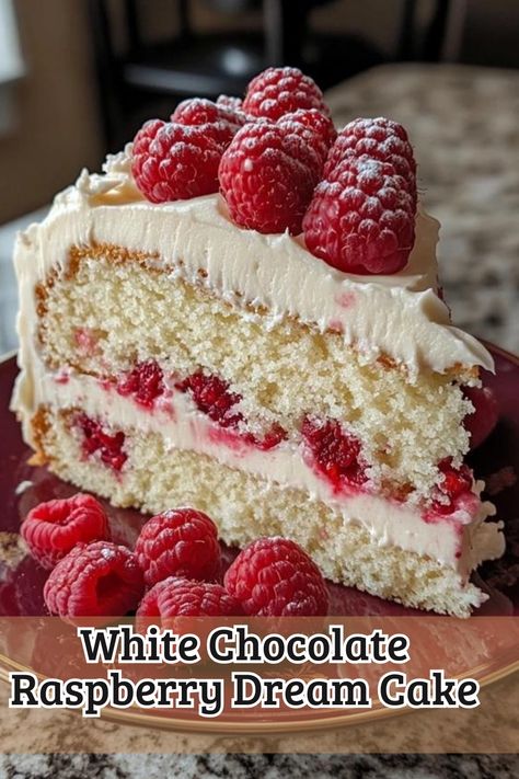 Delicious White Chocolate Raspberry Dream Cake Recipe White Chocolate Raspberry Dream Cake, Raspberry Christmas Cake, White Chocolate Christmas Cake, White Chocolate Berry Cake, Desserts With Fresh Raspberries, Birthday Cake Raspberry, White Chocolate And Raspberry Cake, White Chocolate Raspberry Cake Recipe, Raspberry And White Chocolate Cake