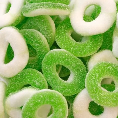 Apple Rings, Green Candy, Food Wallpaper, Sour Candy, Green Photo, Colorful Candy, Aesthetic Colors, Candy Shop, Peach Rings