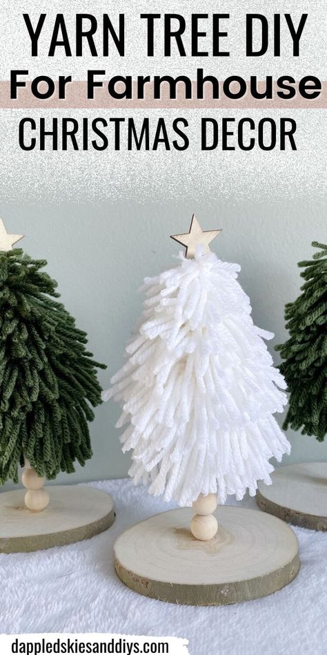 This yarn tree DIY uses yarn, skewers, and wood slices to create a unique look, that's perfect for your cozy farmhouse Christmas decor! White Farmhouse Tree, Boho Winter Decor Diy, Diy Yarn Christmas Decor, Green Yarn Christmas Crafts, Mini Yarn Christmas Tree, Diy Yarn Christmas Tree Decorations, Christmas Trees Made From Yarn, How To Make Tassel Christmas Tree, How To Make A Tassle Diy