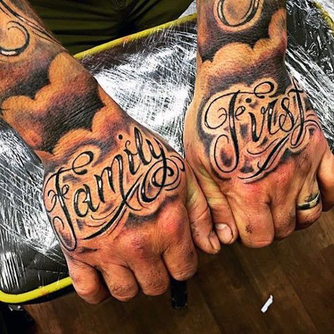 Family First Tattoo Mens Hands #UltraCoolTattoos Good Family Tattoo, Herren Hand Tattoos, Family First Tattoo, Family Quotes Tattoos, Family Tattoos For Men, Family Tattoo Designs, Irish Tattoos, Wild Tattoo, Cool Tattoos For Guys