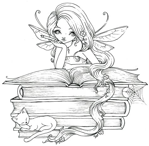 Fairy book lover. Perhaps she's reading Fairy Tales Fairy Drawings, Adult Colouring Printables, Fairy Coloring Pages, Fairy Tattoo, Fairy Coloring, Colouring Printables, Adult Coloring Book Pages, Digi Stamps, Coloring Book Art