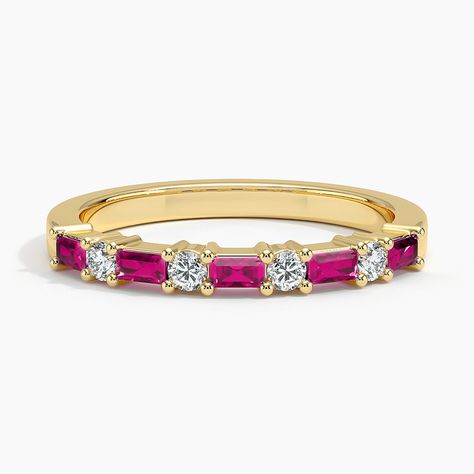 Leona Lab Ruby and Diamond Wedding Ring - 18K Yellow Gold. This vintage-inspired ring features shimmering lab ruby baguettes alternating with round diamonds for an eye-catching look. The delicate, high polish band adds distinctive appeal (1/10 total carat weight).   As a Brilliant Pick, this piece displays the best and brightest in fashion and design and is beloved by Brilliant Earth designers and customers alike. Senior Ring, Senior Rings, Ruby Wedding Band, Ruby And Diamond Ring, Engagement Ring Ideas, Ruby Wedding, Wedding Anniversary Rings, Brilliant Earth, Diamond Wedding Ring