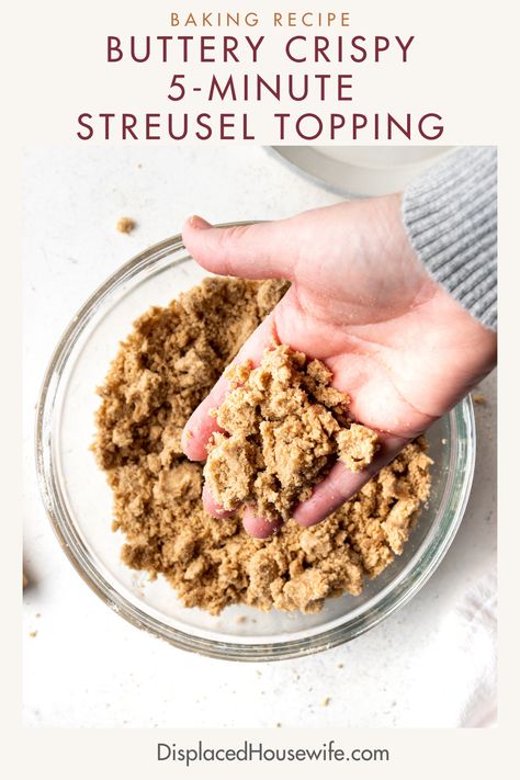 The best 5-Minute Streusel Topping for all of your cakes, bundt cakes, muffins and more! Using four basic ingredients (plus some optional spices) this buttery, crunchy streusel will be ready in less than 5 minutes (tops!). This foolproof recipe comes out perfect every time! *Half-batch recipe for muffins included in the recipe card. Nut Free Streusel Topping, Crunchy Streusel Topping, Strussel Topping Recipe, Strussel Topping, Recipe For Muffins, Streusel Topping Recipe, Gobble Gobble, Streusel Topping, Fool Proof Recipes