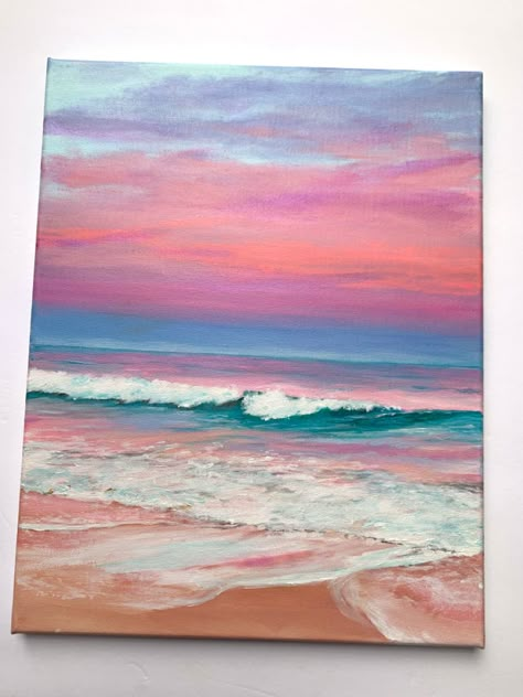 Pink sunsets over the ocean. Original painting. Acrylic on canvas Pink Painting Acrylic, Blue And Pink Painting Ideas, Pink Beach Painting, Pink Sunset Painting Acrylic, How To Paint A Sunset, Cute Sunset Paintings, Sunset Over Water Painting, Sunrise Painting Acrylic, Painting Ideas Ocean