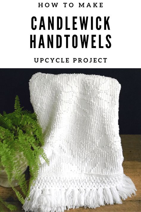 Chances are you can find an old, stained Candlewick bedspread in your attic or your local goodwill for this easy DIY Project. Use your sewing machine to upcycle it into a bunch of delightful handtowels. Keep them for yourself or give for a unique and personal gift. Candlewick Bedspread, Rag Crafts, Kitchen Sewing, Material Crafts, Vintage Makeover, Chenille Crafts, Vintage Bedspread, Candle Wick, Upcycle Decor