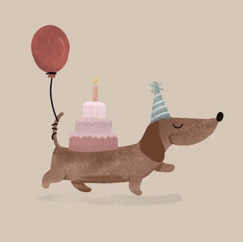 Dachshund Party, Dachshund Drawing, Dachshund Birthday, Happy Birthday Art, Birthday Card Drawing, Birthday Illustration, Dog Birthday Card, Bday Cards, Card Drawing