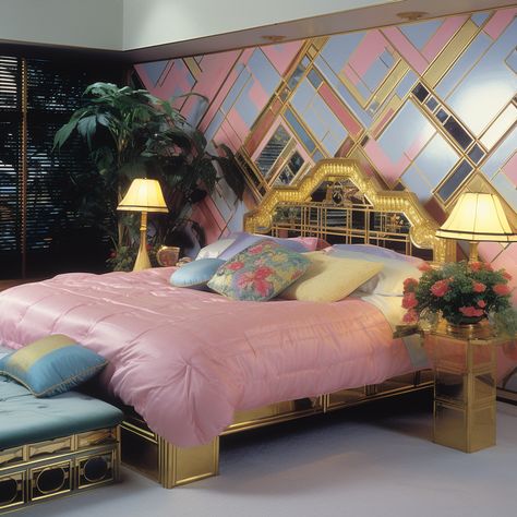 #1980sDecor #RetroBedroom #BrassAccents #PastelPalette #VintageInspiration #pinkroom 80s Glam Bedroom, 80s Inspired Bedroom, 80’s Bedroom, Pink Gold Bedroom, Funky Kitchens, Retro Bedroom Ideas, 80s Room Aesthetic, Glam Bedroom Ideas, 1980s Interior