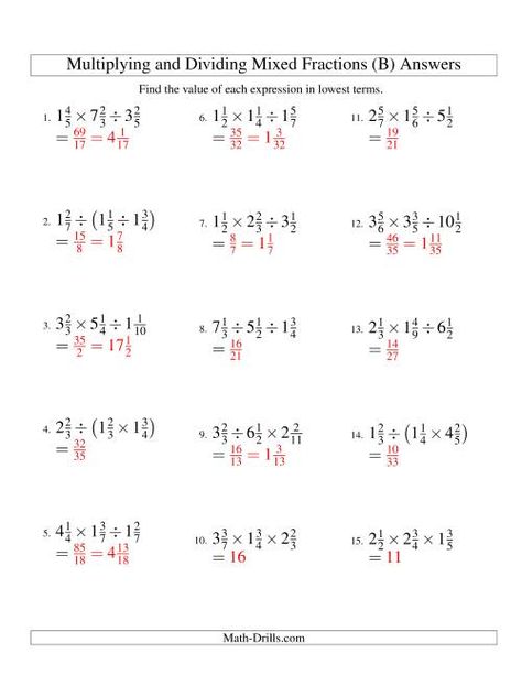 The Multiplying and Dividing Mixed Fractions with Three Terms (B) math worksheet page 2 Dividing Mixed Fractions, Mixed Numbers Worksheet, Mixed Fractions Worksheets, Dividing Fractions Worksheets, Multiplying Mixed Numbers, Multiply Fractions, Grade 6 Math Worksheets, Number Bonds Worksheets, Simplifying Rational Expressions