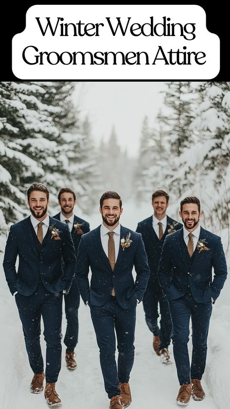 Groomsmen in stylish navy blue and rustic winter wedding attire at a winter wonderland wedding. Winter Groom And Groomsmen Attire, Man Of Honor Attire Bridal Parties, Semi Formal Mens Wedding Attire, Groomsmen Winter Attire, Winter Wedding Groom Suit, Winter Wedding Groomsmen Attire, Christmas Groomsmen Attire, Navy Blue Groomsmen Attire, Winter Wedding Suits Groom Attire