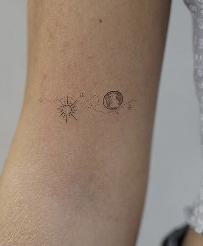 Sun Moon Stars Earth Tattoo, Earth And Stars Tattoo, Earth Sun And Moon Tattoo, Earth Sun Tattoo, Sun Moon Star Earth Tattoo, Sun Earth Tattoo, Dainty Planet Tattoo, Earth Sun Moon Tattoo, Sun Moon And Earth Tattoo