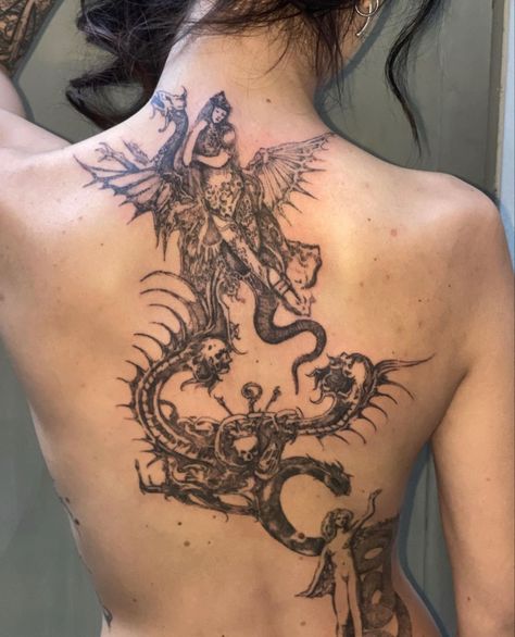 Back Dragon Tattoos For Women, Female Upper Back Tattoos, Two Tigers Back Tattoo, Back Dragon Tattoo For Women, Dragon Back Tattoo Women, Cybergilism Tattoo, Upper Back Tattoos For Women, Large Back Tattoos, Whole Back Tattoo Women